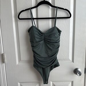 Express Dark Green Ruched Body Contour Bodysuit